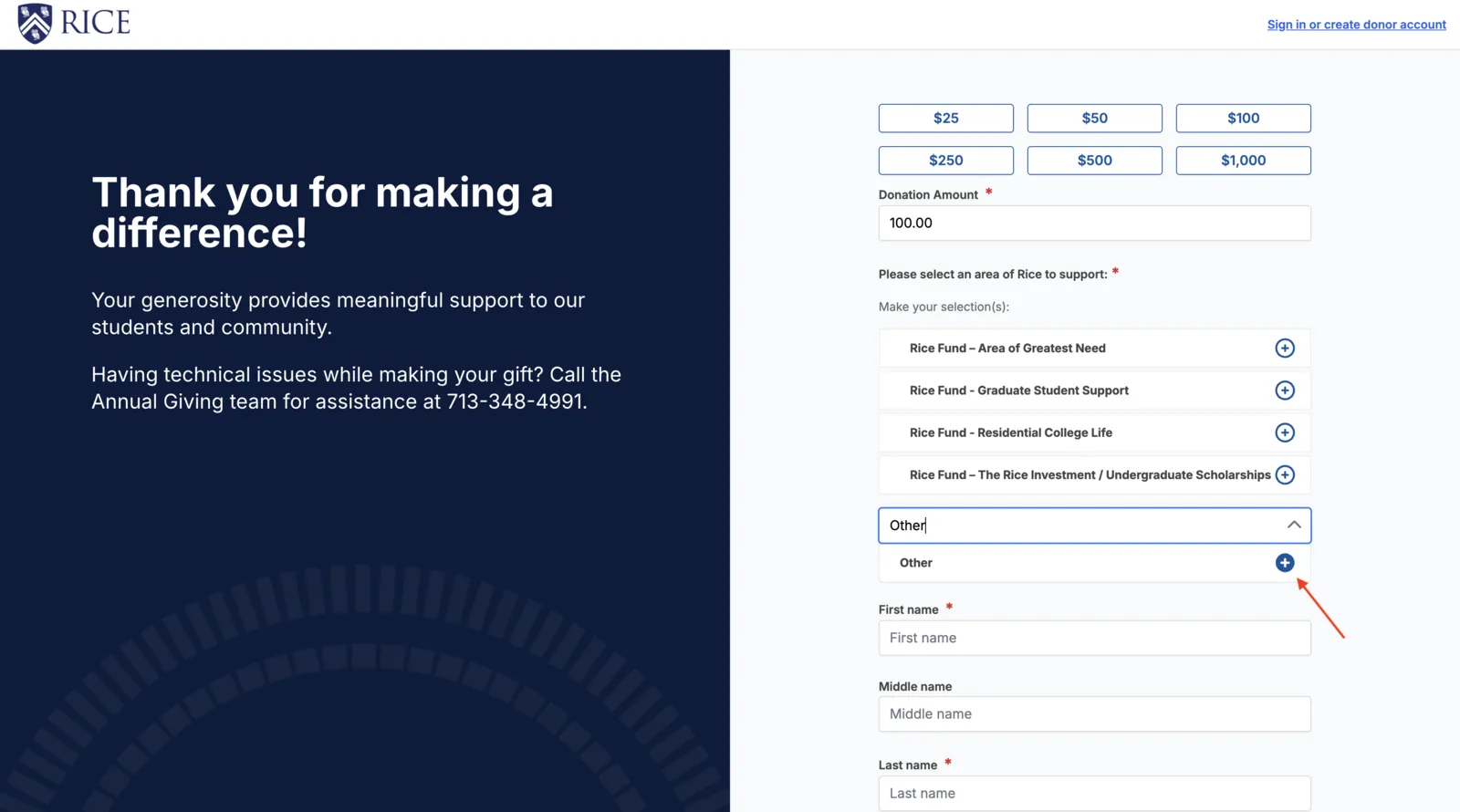 Donation form showing Other option in the search dropdown
